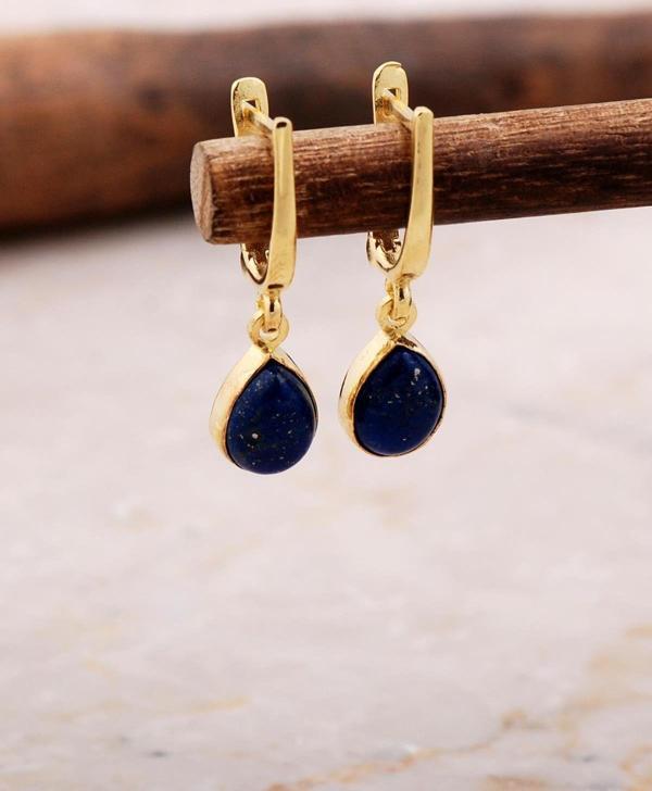 Doğal Lapis Lazuli Taşlı Damla Mini Altın Yaldızlı Gümüş Küpe 5868 - Image 1