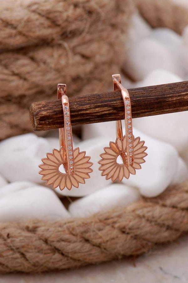 Papatya Taşlı Rose Halka Gümüş Küpe 5744 - Image 1