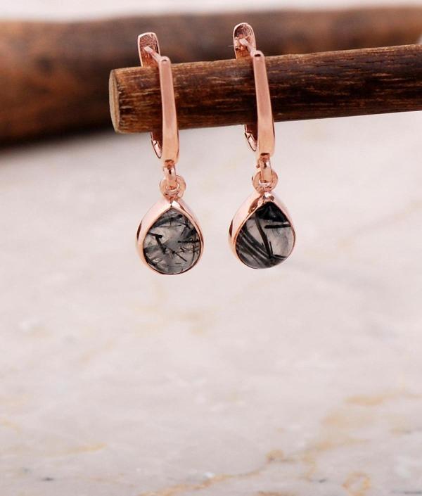 Doğal Rutil Kuvars Taşlı Damla Mini Rose Gümüş Küpe 5881 - Image 1