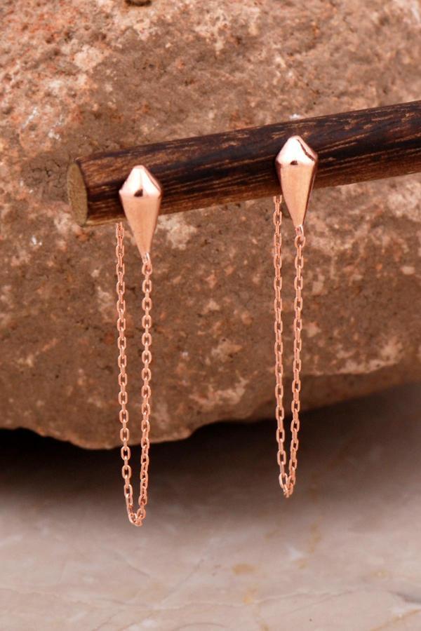 Taşsız Tasarım Rose Gümüş Zincir Küpe 6101 - Image 1