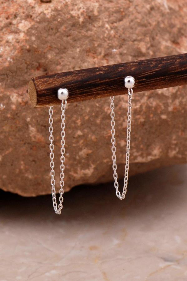 Top Tasarım Rodyumlu Gümüş Zincir Küpe 6106 - Image 1