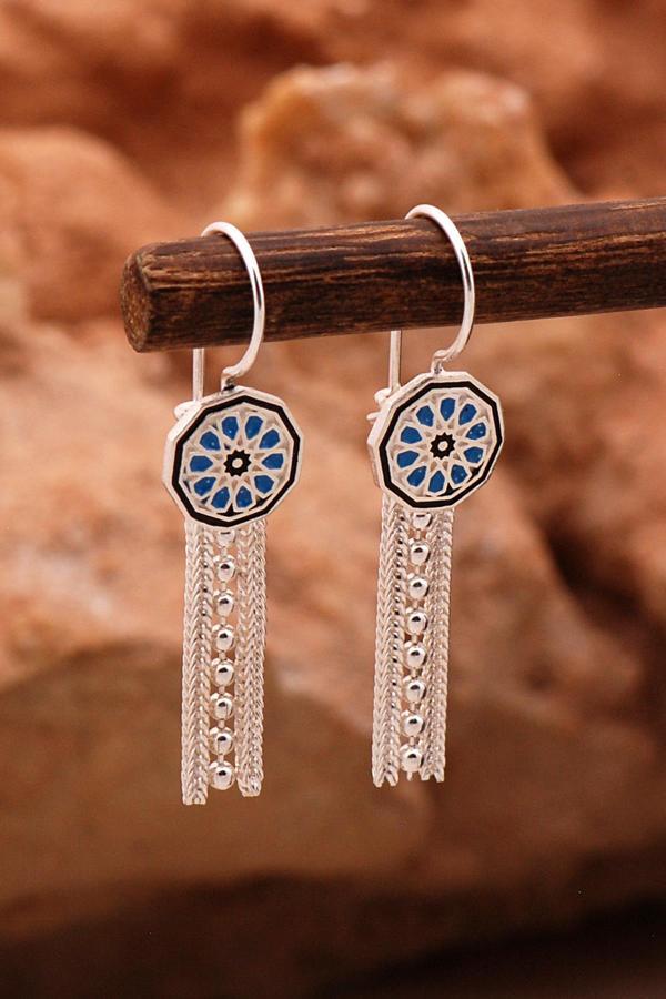 Anadolu Motifli Elişi Mineli Hasır Gümüş Küpe 6133 - Image 1