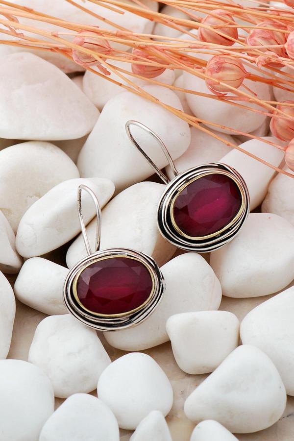 Kök Yakut Taşlı Tel Sarma Elişi Gümüş Küpe 5764 - Image 1