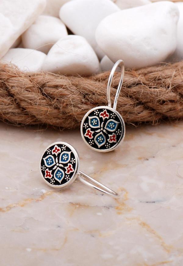 Anadolu Motifli Mineli Elişi Gümüş Küpe 5923 - Image 1