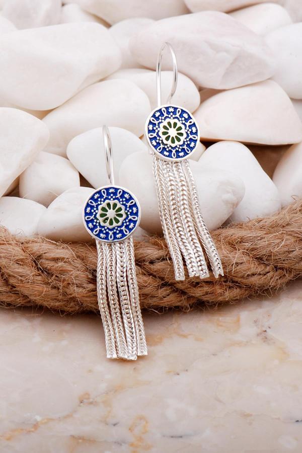 Anadolu Motifli Mineli Elişi Hasır Gümüş Küpe 5937 - Image 1