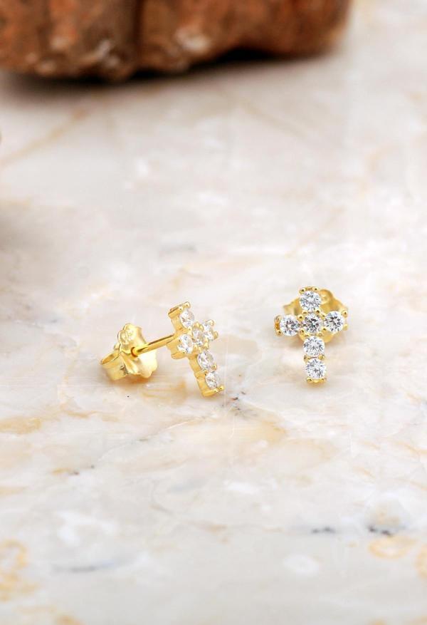 Haç Mini Altın Kaplama Gümüş Küpe 6935 - Image 1