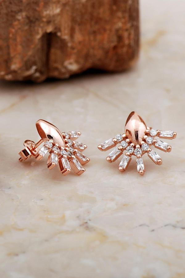 Baget Taşlı Rose Gümüş Yelpaze Küpe 6940 - Image 1