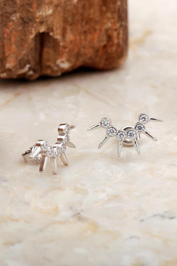 Taç Tasarım Rodyumlu Gümüş Küpe 6942 - Image 1