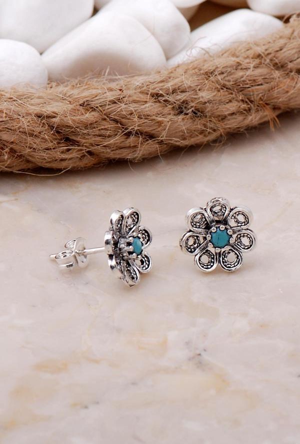 Turkuaz Taşlı Çiçekli Telkari Elişi Gümüş Küpe 5797 - Image 1