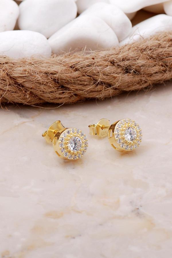 Elmas Montürlü Altın Yaldızlı Gümüş Küpe 5799 - Image 1