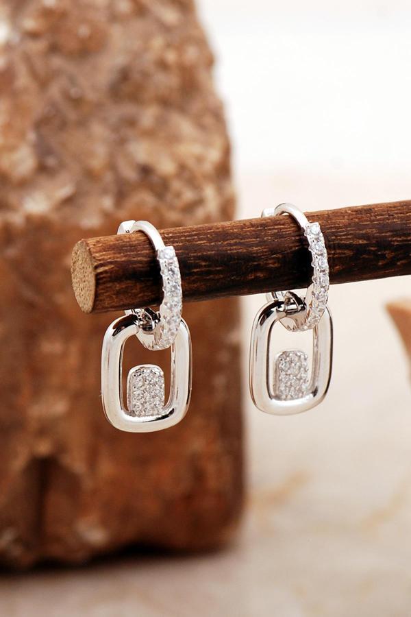 Tasarım Dikdörgen Rodyumlu Gümüş Küpe 6955 - Image 1