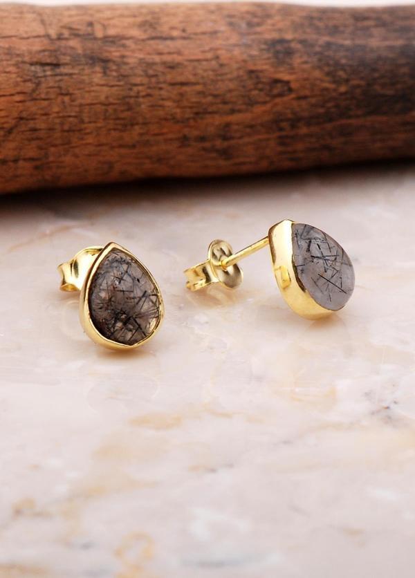 Doğal Rutil Kuvars Taşlı Damla Mini Altın Yaldızlı Gümüş Küpe 5825 - Image 1