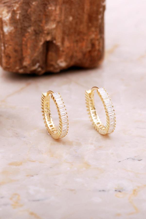 18 Mm Baget Taşlı Altın Kaplama Gümüş Halka Küpe 7031 - Image 1