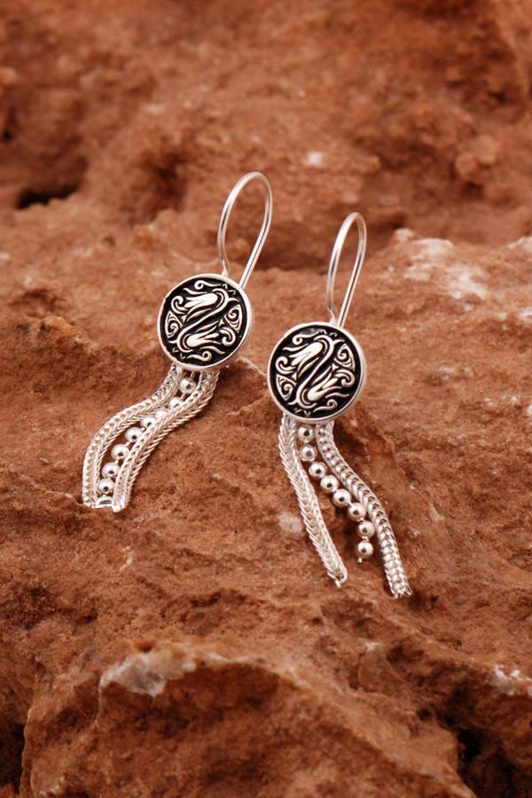 Midyat Hasırı Elişi Laleli Tasarım Gümüş Küpe 6904 - Image 1