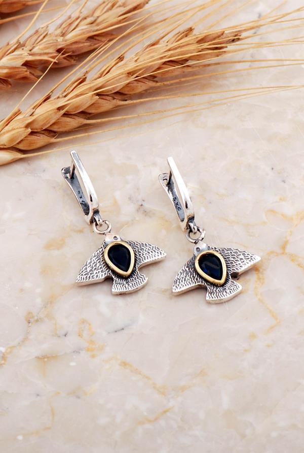 Safir Taşlı Martı Çekiç Dövme Elişi Gümüş Küpe 7219 - Image 1