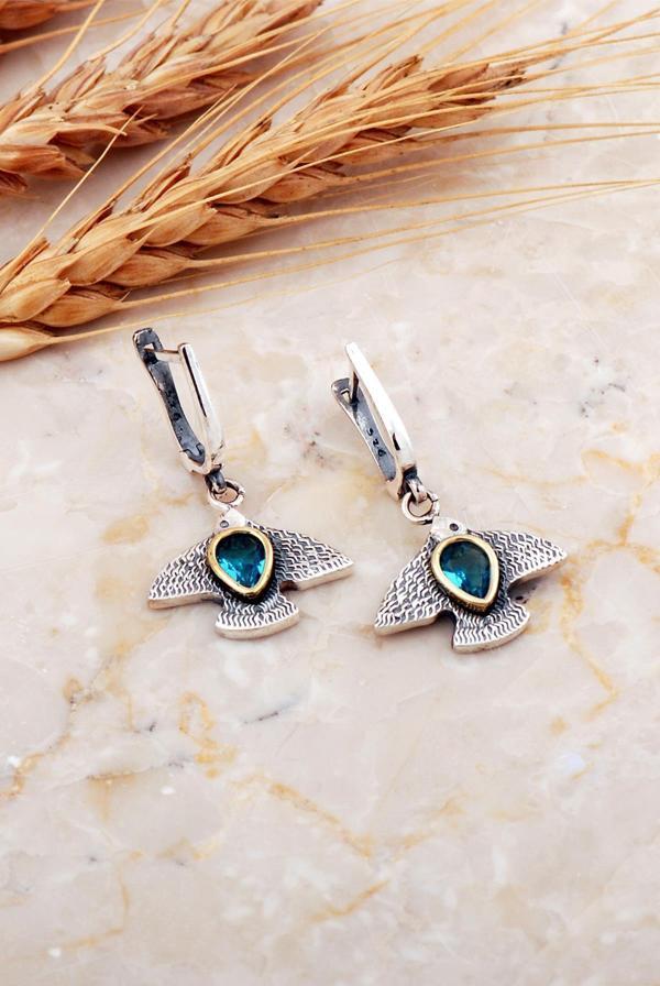 Akuamarin Taşlı Martı Çekiç Dövme Elişi Gümüş Küpe 7223 - Image 1