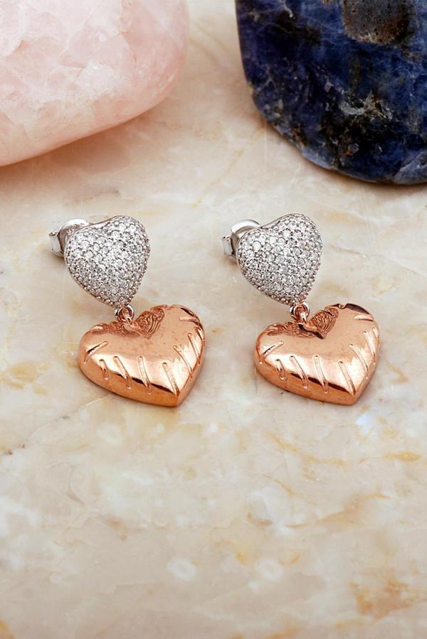 Çift Kalp Tasarım Rose Gümüş Küpe 7113 - Image 1