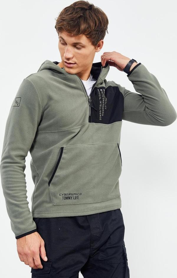 Çağla Nakışlı Yarım Fermuar Kapüşonlu Standart Kalıp Erkek Polar Sweatshirt - 87996 - Image 1