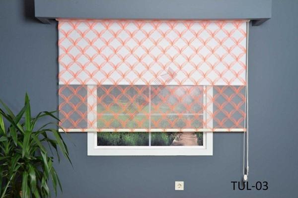 Hlmstor Halim Perdesan Çift Mekanizmalı Turuncu Karo Desenli Tül Stor Perde - Image 1