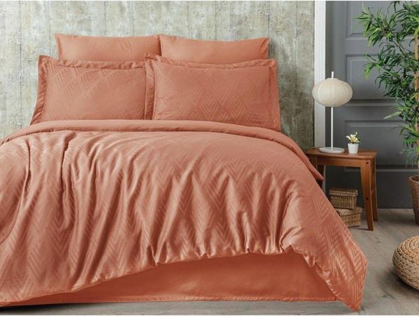 Sevim Tivoli %100 Pamuk Jakarlı & Saten Çift Kişilik Nevresim Takımı - Kayısı Rengi - 200X220 Cm - Image 1