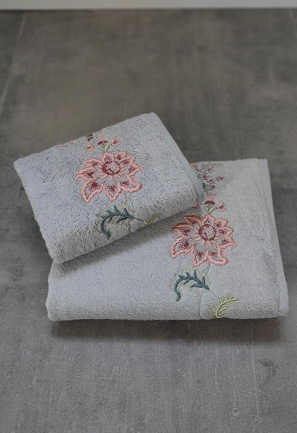 Sevim Tivoli Bambu 2'Li Banyo Havlusu, - Yumuşak & Yüksek Su Emici - Çiçek Nakışlı Çeyiz Seti - Julia Gri - Image 1