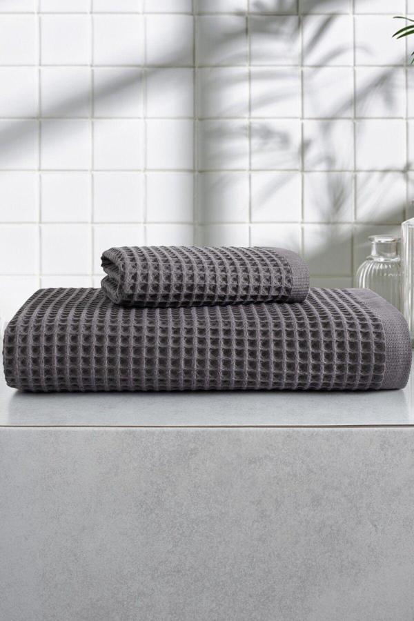 Sevim 2'Li Waffle Banyo Havlu Seti- Ekstra Yumuşak Ve Petekli Doku - %100 Pamuk &Yüksek Su Emici- Antrasit - Image 1