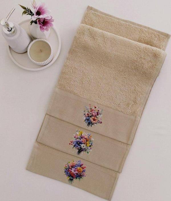 Sevim 3'Lü Çiçek Baskılı Havlu Takımı - Bej Renk Bambu El Havlusu Seti - Yumuşak & Süper Emici - 30X50 Cm - Image 1