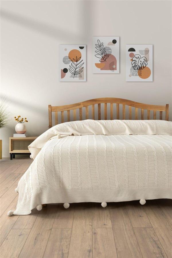 Sevim Çift Kişilik Triko Örme Battaniye - Yumuşak Dokulu & Şık Yatak Örtüsü - 220X240 Cm Battaniye - Krem - Image 1