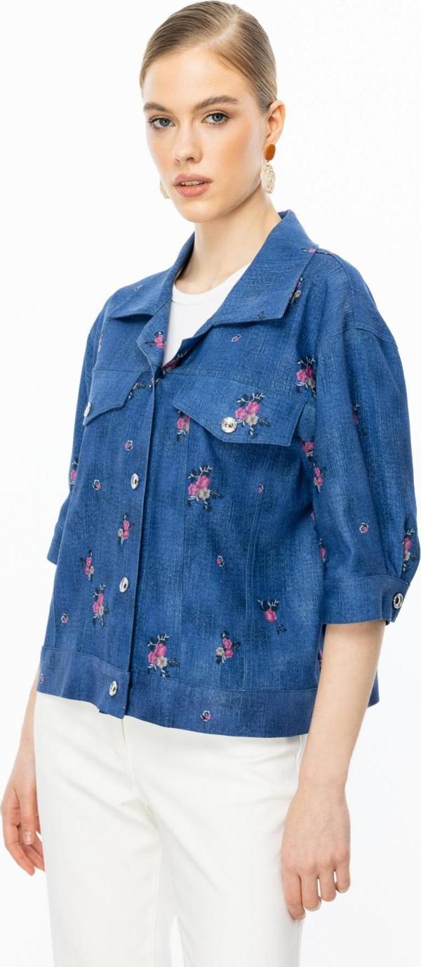 Ekol Kadın Çiçek Desenli Pamuklu Mont 6020 Indigo - Image 1