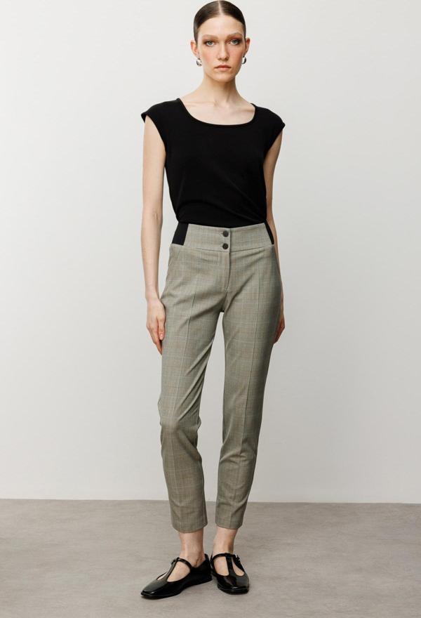 Ekol Kadın Ekoseli Dar Paça Pantolon 2082 Gri - Image 1