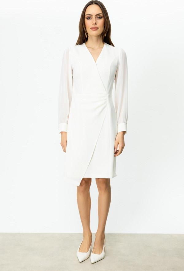 Ekol Kadın Kruvaze Yaka Kolları Tül Elbise 5056 Ekru - Image 1