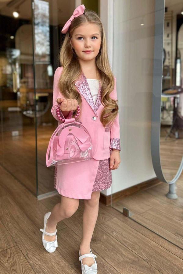 Kız Çocuk Bilekleri ve Yakası Pulpayet Detay Blazer Ceket Asimetrik Kesim Pullu Pudra Etekli Takım - Image 1