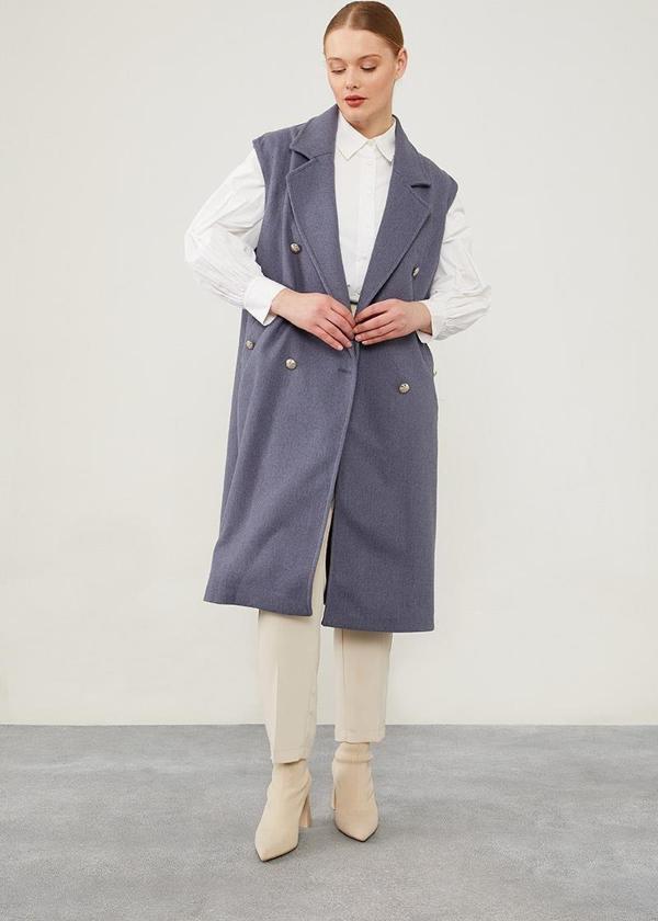 İndigo Maxi Boy Kaşe Yelek - Image 1