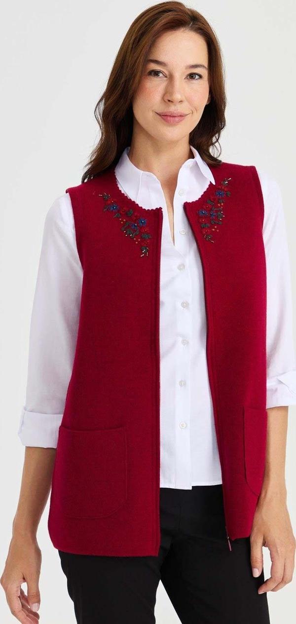 Desen Triko Kadın Sıfır Yaka Kenarı Dantel İşlemeli Yün Yelek 23000 Vişne Çürüğü - Image 1