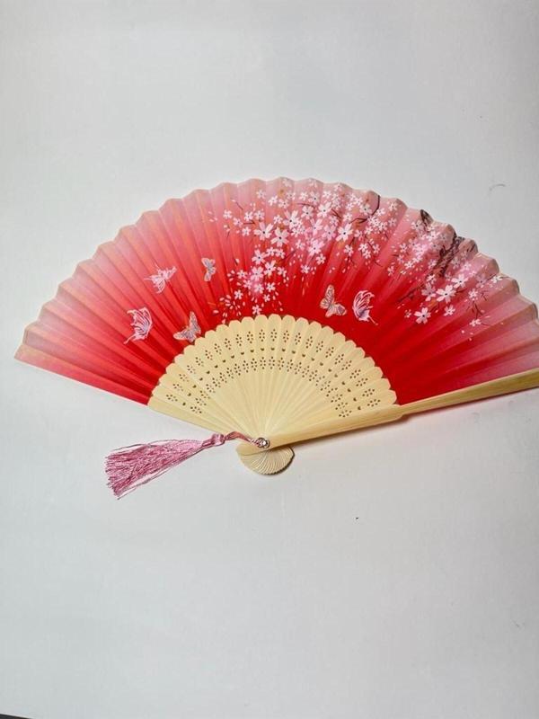 -Pembe Renkli Kelebek Desenli Şık Yelpaze - Image 1