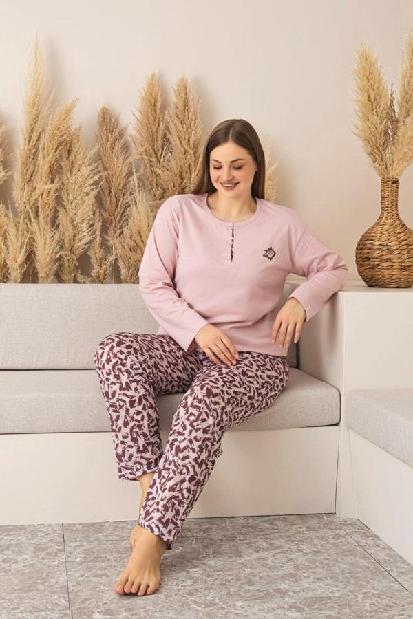 Nisanca Uzun Kollu %100 Pamuk Büyük Beden Anne Pijama Takımı- Anne Özel Serisi - Image 1