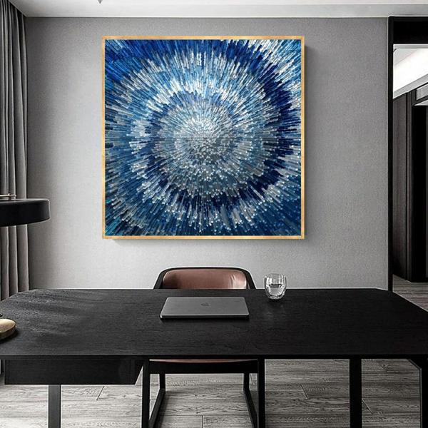 Abstract Blue Yağlı Boya Dokulu Tablo 100X100 Gold Çerçeveli - Image 1