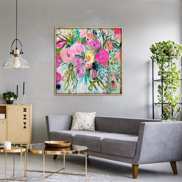 Abstract Flowers Yağlı Boya Dokulu Tablo 120X120 Siyah Çerçeveli - Image 1