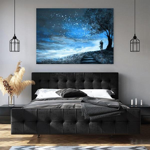 Alacakaranlıkta Aşıklar Yağlı Boya Dokulu Tablo 90X120 Siyah Çerçeveli - Image 1