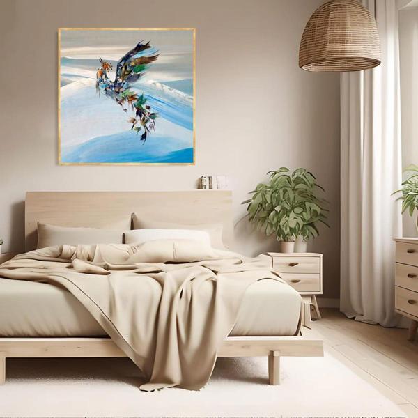Anka Kuşu Yağlı Boya Dokulu Tablo 80X80 Gold Çerçeveli - Image 1