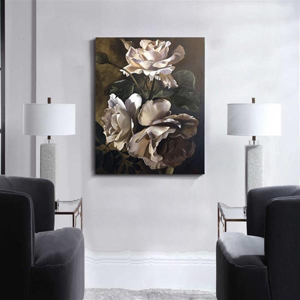 Beyaz Güller Yağlı Boya Dokulu Tablo 90X120 Gold Çerçeveli - Image 1