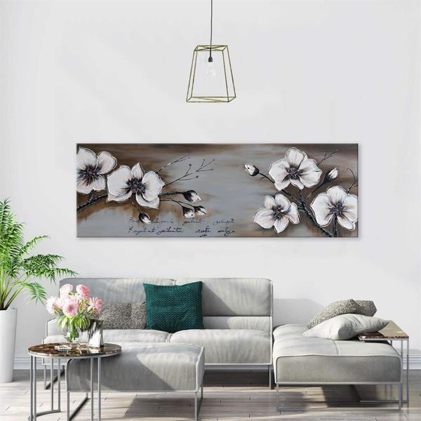 Beyaz Çiçeğin Tomurcukları Yağlı Boya Dokulu Tablo 40x100 Gold Çerçeveli - Image 1