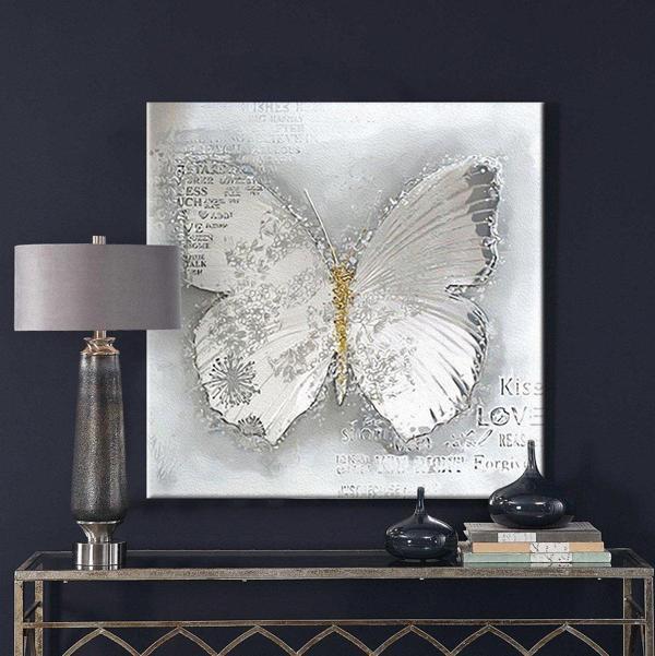 Beyaz Kelebek Yağlı Boya Dokulu Tablo 80X80 Siyah Çerçeveli - Image 1