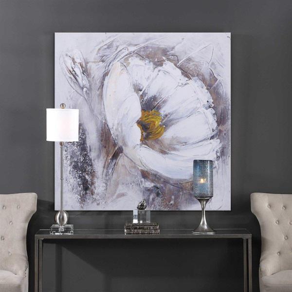 Beyaz Çiçek Yağlı Boya Dokulu Tablo 80X80 Siyah Çerçeveli - Image 1