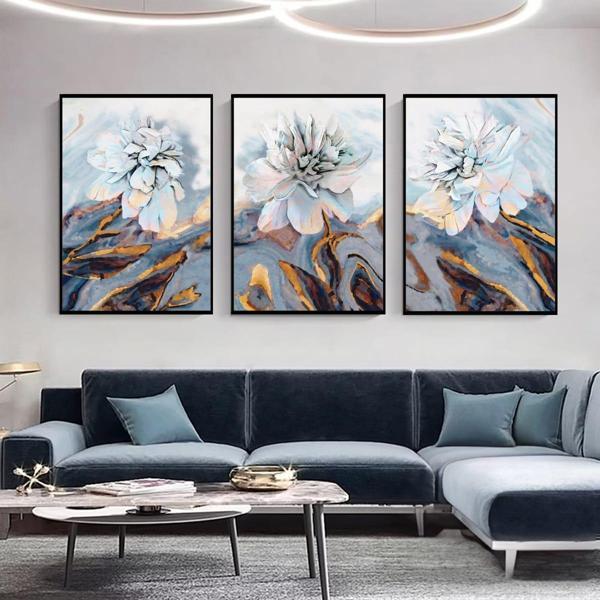 Beyaz Çiçekler Üçlü Set Yağlı Boya Dokulu Tablo 100X150 Siyah Çerçeveli - Image 1