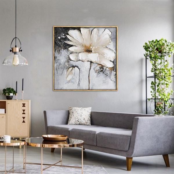 Beyaz Papatya Yağlı Boya Dokulu Tablo 80X80 Gümüş Çerçeveli - Image 1