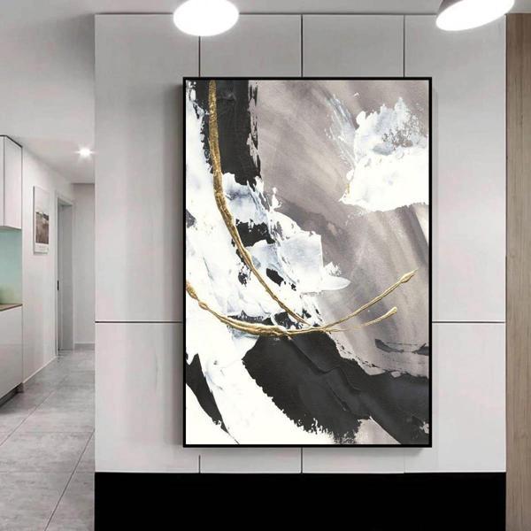 Black Grey Yağlı Boya Dokulu Tablo 90X120 Siyah Çerçeveli - Image 1