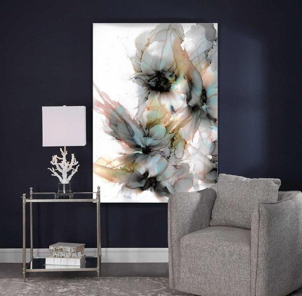 Beyaz Çiçekler Yağlı Boya Dokulu Tablo 90X120 Gümüş Çerçeveli - Image 1