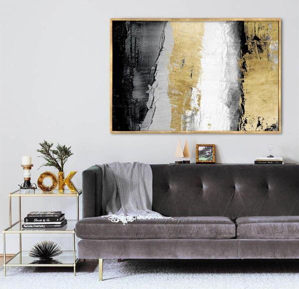 Black White Gold Yağlı Boya Dokulu Tablo 50X70 Siyah Çerçeveli - Image 1