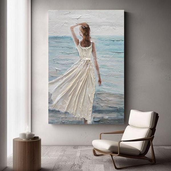 Beyaz Elbiseli Kadın Yağlı Boya Dokulu Tablo 100X150 Çerçevesiz - Image 1